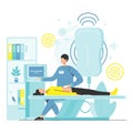 Doctor doing abdominal ultrasound diagnostics to female patient lying on medical bed, flat vector illustration.