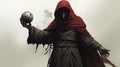 Dark Hooded Man Holding Ball A Pigeoncore Fantasy Realism Artwork