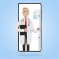 Doctor with a dropper in the smartphone screen. Toxicology, intoxication, decontamination. Online doctor.