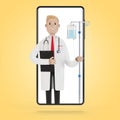 Doctor with a dropper in the smartphone screen. Toxicology, intoxication, decontamination. Online doctor.