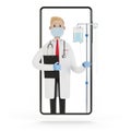 Doctor with a dropper in the smartphone screen. Toxicology, intoxication, decontamination. Online doctor.