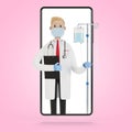 Doctor with a dropper in the smartphone screen. Toxicology, intoxication, decontamination. Online doctor.