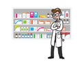 Doctor and drug shelf cartoon