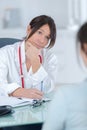 Doctor endocrinologist listening to woman patient at office