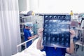 Doctor examines the patient's CT scan in a hospital ward