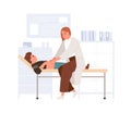 Doctor examining child in pediatric hospital. Pediatrician palpating kid belly. Boy lying on couch at physician s office