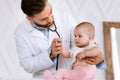 Doctor Examining Little Baby Listening To Child& x27;s Heartbeat In Clinic Royalty Free Stock Photo