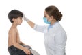 Doctor examining little boy with chickenpox on background. Varicella zoster virus Royalty Free Stock Photo