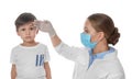Doctor examining little boy with chickenpox on background. Varicella zoster virus Royalty Free Stock Photo