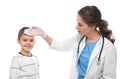 Doctor examining little boy with chickenpox on background. Varicella zoster virus Royalty Free Stock Photo