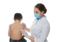 Doctor examining little boy with chickenpox on background. Varicella zoster virus Royalty Free Stock Photo