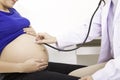 The doctor is examining the pregnancy. Young doctor examining pregnant woman in clinic. Pregnant female doctor with stethoscope. Royalty Free Stock Photo