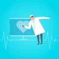 Doctor exams heartbeat online by computer. Telemedicine, telehealth vector concept.