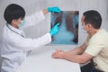 Doctor explaining lungs x-ray film to patiant in the medical office. The film shows symptom of virus or cancer infect patient lung Royalty Free Stock Photo