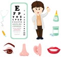 Doctor with eye chart ,medicine and part of body