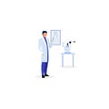 Doctor with eyesight chart flat vector illustration. Ophthalmologist checking visual acuity. Therapist pointing on vision test