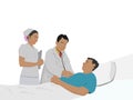 The doctor and the female assistant are examining the patient lying on the hospital bed