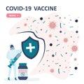 Doctor fights covid-19 with vaccine. Medical worker in protective suit with syringe and shield. Disease protection concept