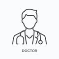 Doctor flat line icon. Vector outline illustration of male physician in coat with stethoscope. Medic specialist avatar Royalty Free Stock Photo