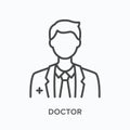 Doctor flat line icon. Vector outline illustration of medical person. Black thin linear pictogram for hospital