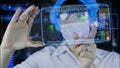 Doctor with futuristic hud screen tablet. Earth map and radar. the future Royalty Free Stock Photo