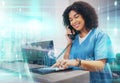 Doctor, futuristic overlay and black woman on tablet and phone for hospital innovation research. Healthcare, clinic and