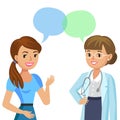 Doctor and girl patient. Woman talking to physician. Vector