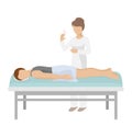 Doctor give shot to character patient on bed, vector illustration. Medical healthcare in cartoon hospital concept