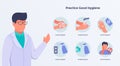 Doctor give some advice on practice good hygiene concept with icons cleaning illustration