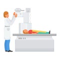 Doctor give x-ray to child patient in clinic, vector illustration. Diagnostic care about disease, cure with equipment