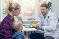 Doctor gives to child a duck toy during a medical visit