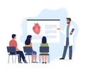 Doctor gives a training lecture about anatomy for students. Doctor presenting human heart infographics. Online medical seminar,