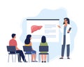 Doctor gives a training lecture about anatomy for students. Doctor presenting human liver infographics. Online medical seminar,