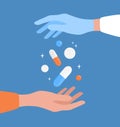 The doctor giving the patient pills and capsules. Two hands and medicines on a blue background. Vector illustration