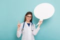 Female doctor with thinking speech bubble