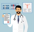 Doctor in glasses with a sheet of assignment in his hand. gynecologist in office vector illustration. Medical doctor with stethosc