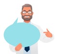 Doctor in glasses and a white coat points to an empty speech bubble. The concept of personal opinion. Vector illustrationDoctor in