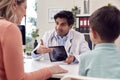 Doctor Or GP In White Coat Meeting Mother And Son For Appointment Looking At Scan On Digital Tablet