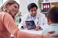 Doctor Or GP In White Coat Meeting Mother And Son For Appointment Looking At Scan On Digital Tablet