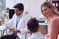 Doctor Or GP In White Coat Meeting Mother And Son For Appointment In Office