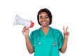 Doctor with green uniform and a megaphone