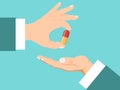 Doctor hand giving pills to patient vector illustration. Pharmacist hands gives tablets patient. Taking pill and