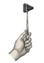 Doctor hand holding medical hammer reflex drawing style engraved