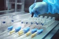 Doctor hand holds a sample with a test tube. The process of manufacturing medical syringes for blood sampling Royalty Free Stock Photo