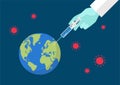 Doctor hand injecting vaccine into planet earth