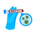 Doctor hand in medical gloves holds test sample tube with blood affected by coronavirus Covid-19. Close up Corona bacteria cell.