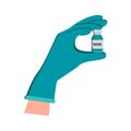 Doctor hand wear glove holding for injection vial of medicine. Ampoule with vaccine or medicine. flat vector