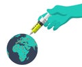 Doctor hand wearing glove injecting syringe of Coronavirus vaccine concept, syringe of vaccine and needle planting on the planet