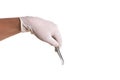 Doctor hand in white latex sterile gloves with forceps isolated Royalty Free Stock Photo