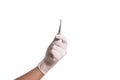 Doctor hand in white latex sterile gloves with forceps isolated Royalty Free Stock Photo
